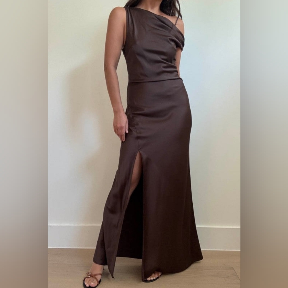 One Shoulder Front Slit Maxi Dress Espresso Brown